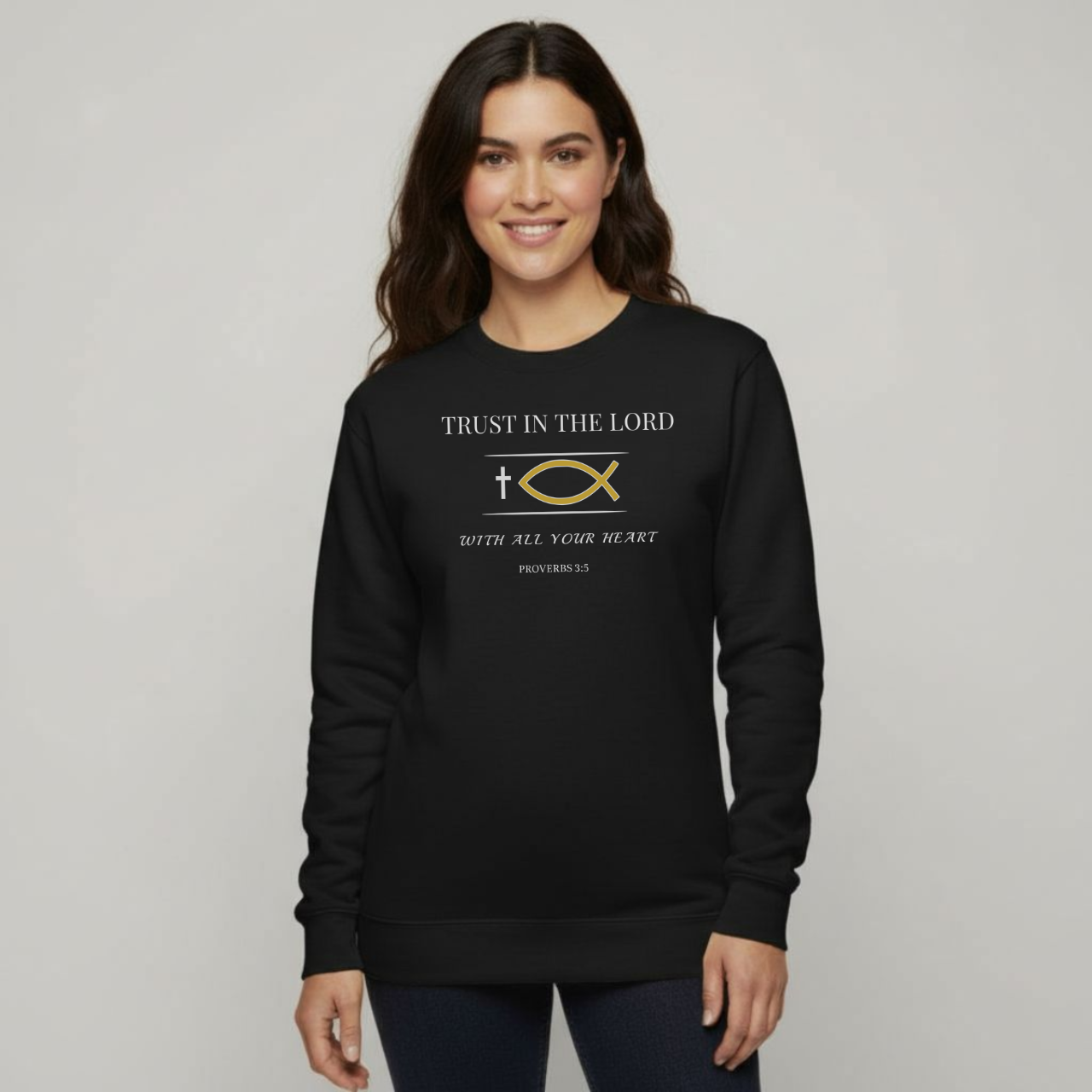 Trust in the Lord Sweatshirt • Proverbs 3:5 Bible Verse Crewneck • Christian Women’s Faith Shirt • Gildan 18000 Black Pullover