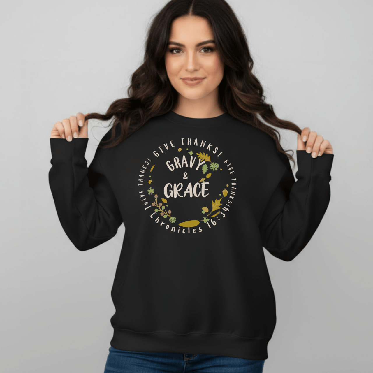 Gravy & Grace Sweatshirt • 1 Chronicles 16:34 Bible Verse Crewneck • Christian Thanksgiving Sweatshirt • Faith Family Gratitude Gift