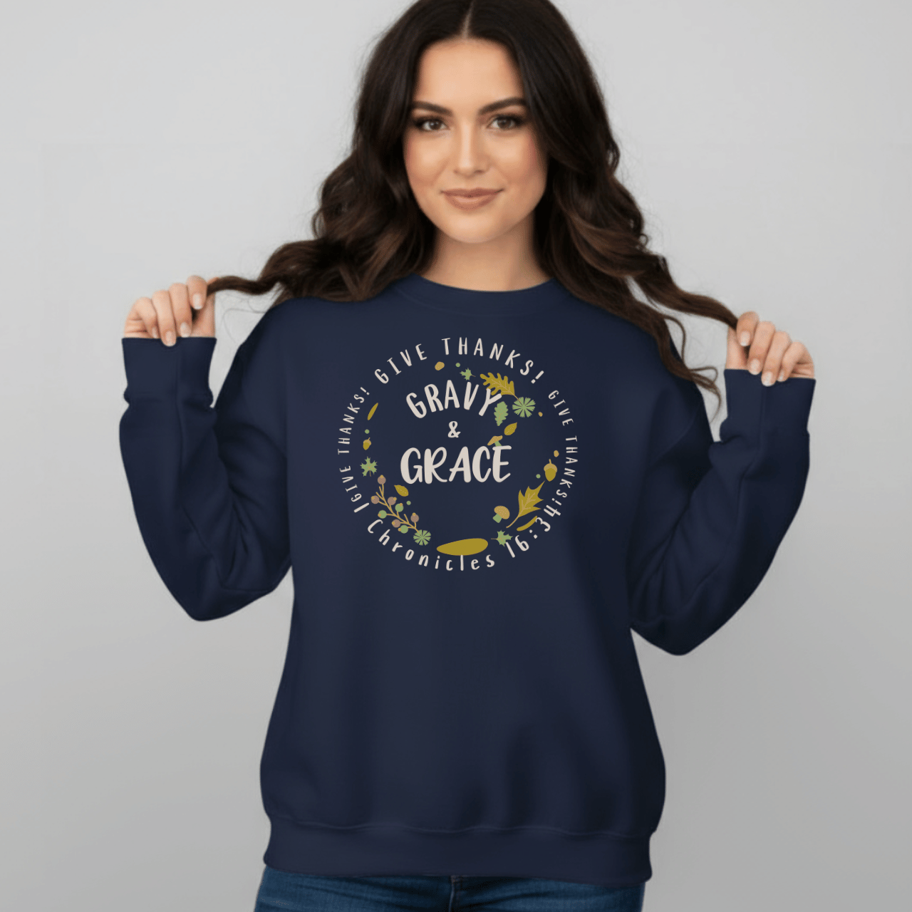 Gravy & Grace Sweatshirt • 1 Chronicles 16:34 Bible Verse Crewneck • Christian Thanksgiving Sweatshirt • Faith Family Gratitude Gift