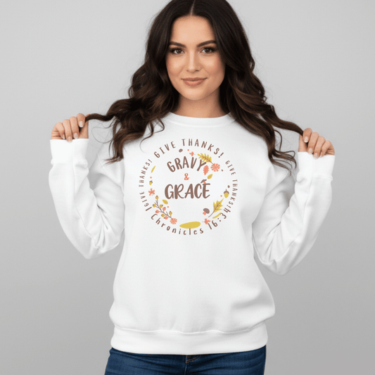 Gravy & Grace Sweatshirt • 1 Chronicles 16:34 Bible Verse Crewneck • Christian Thanksgiving Sweatshirt • Faith Family Gratitude Gift
