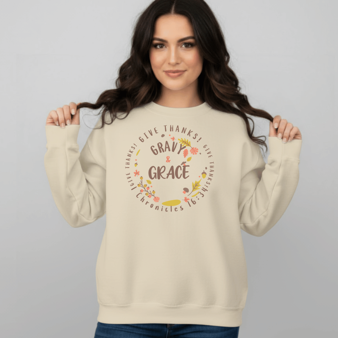 Gravy & Grace Sweatshirt • 1 Chronicles 16:34 Bible Verse Crewneck • Christian Thanksgiving Sweatshirt • Faith Family Gratitude Gift