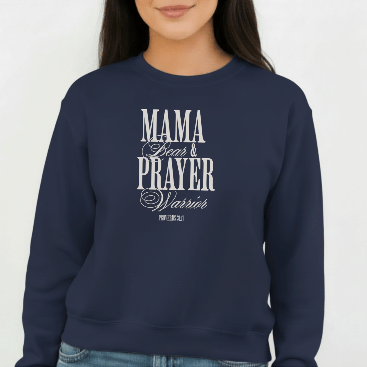 Mama Bear & Prayer Warrior Sweatshirt | Proverbs 31:17 Bible Verse Sweatshirt | Christian Mom Crewneck | Faith Apparel | Gildan 18000