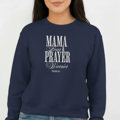 Mama Bear & Prayer Warrior Sweatshirt | Proverbs 31:17 Bible Verse Sweatshirt | Christian Mom Crewneck | Faith Apparel | Gildan 18000