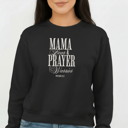 Mama Bear & Prayer Warrior Sweatshirt | Proverbs 31:17 Bible Verse Sweatshirt | Christian Mom Crewneck | Faith Apparel | Gildan 18000