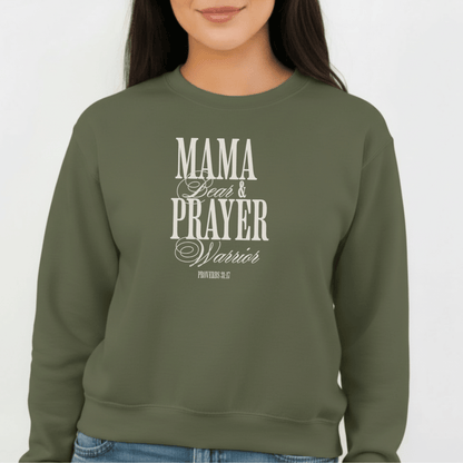Mama Bear & Prayer Warrior Sweatshirt | Proverbs 31:17 Bible Verse Sweatshirt | Christian Mom Crewneck | Faith Apparel | Gildan 18000