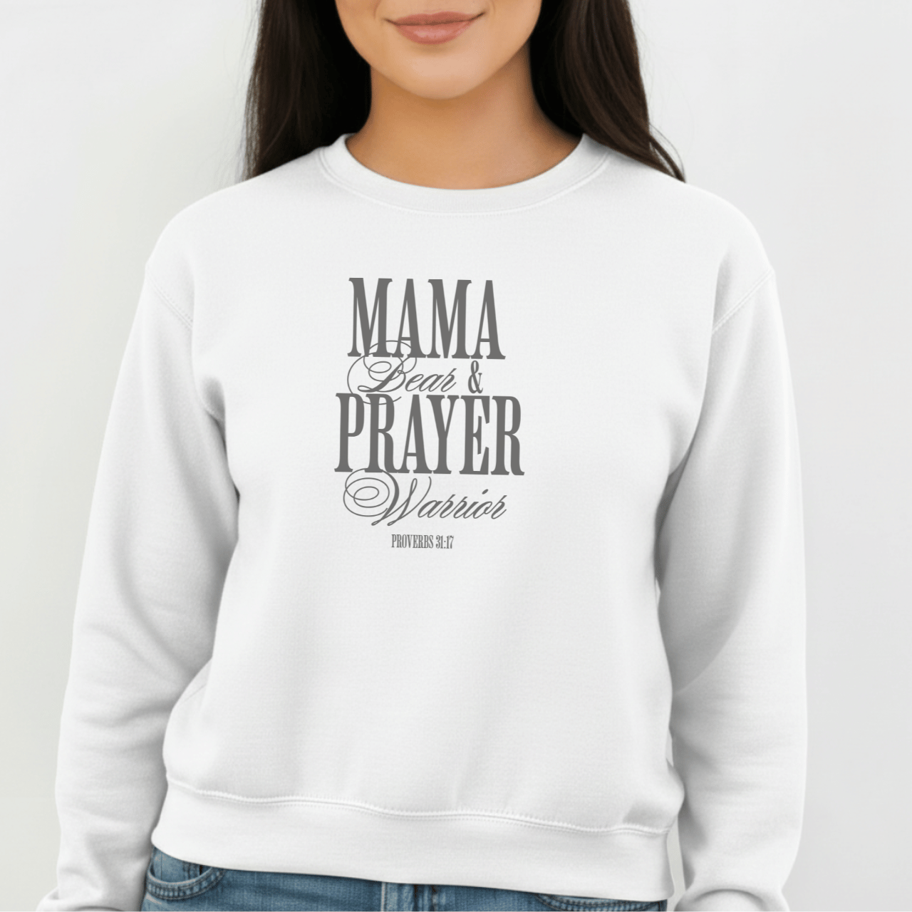 Mama Bear & Prayer Warrior Sweatshirt | Proverbs 31:17 Bible Verse Sweatshirt | Christian Mom Crewneck | Faith Apparel | Gildan 18000