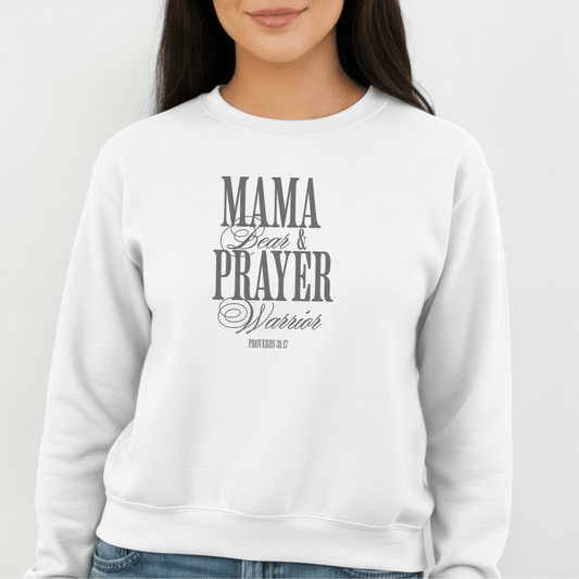 Mama Bear & Prayer Warrior Sweatshirt | Proverbs 31:17 Bible Verse Sweatshirt | Christian Mom Crewneck | Faith Apparel | Gildan 18000