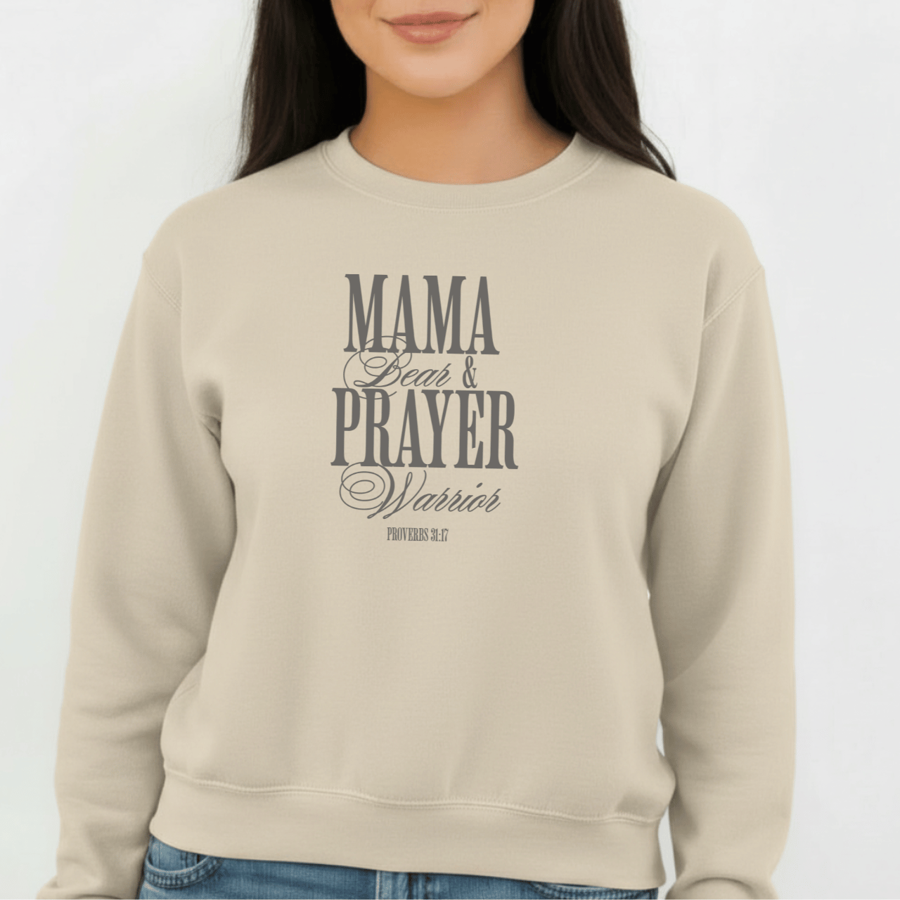 Mama Bear & Prayer Warrior Sweatshirt | Proverbs 31:17 Bible Verse Sweatshirt | Christian Mom Crewneck | Faith Apparel | Gildan 18000