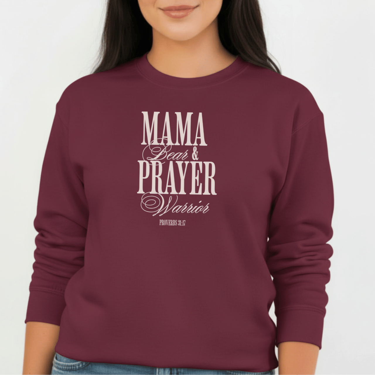 Mama Bear & Prayer Warrior Sweatshirt | Proverbs 31:17 Bible Verse Sweatshirt | Christian Mom Crewneck | Faith Apparel | Gildan 18000
