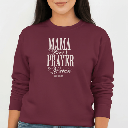 Mama Bear & Prayer Warrior Sweatshirt | Proverbs 31:17 Bible Verse Sweatshirt | Christian Mom Crewneck | Faith Apparel | Gildan 18000