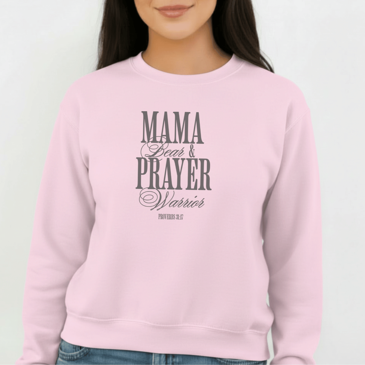 Mama Bear & Prayer Warrior Sweatshirt | Proverbs 31:17 Bible Verse Sweatshirt | Christian Mom Crewneck | Faith Apparel | Gildan 18000
