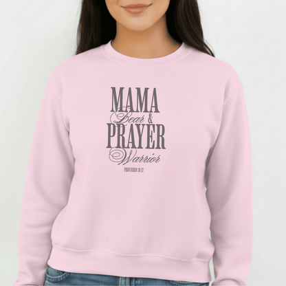 Mama Bear & Prayer Warrior Sweatshirt | Proverbs 31:17 Bible Verse Sweatshirt | Christian Mom Crewneck | Faith Apparel | Gildan 18000