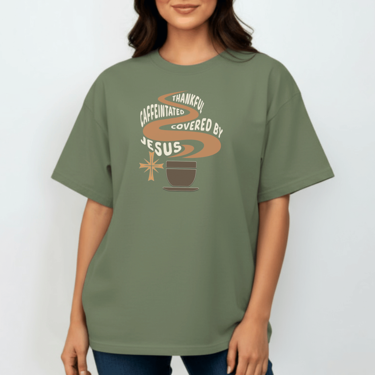 Thankful Caffeinated Covered by Jesus Shirt | Christian Coffee Tee | Faith Comfort Colors 1717 Shirt