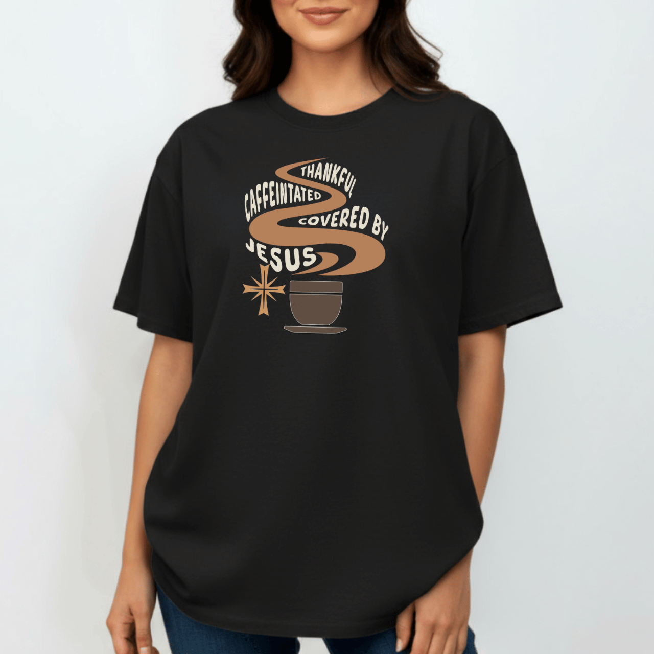 Thankful Caffeinated Covered by Jesus Shirt | Christian Coffee Tee | Faith Comfort Colors 1717 Shirt