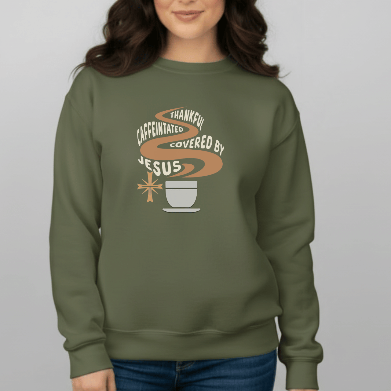 Thankful Caffeinated Covered By Jesus Sweatshirt | Christian Coffee Crewneck | Faith Comfort Sweater | Gildan 18000