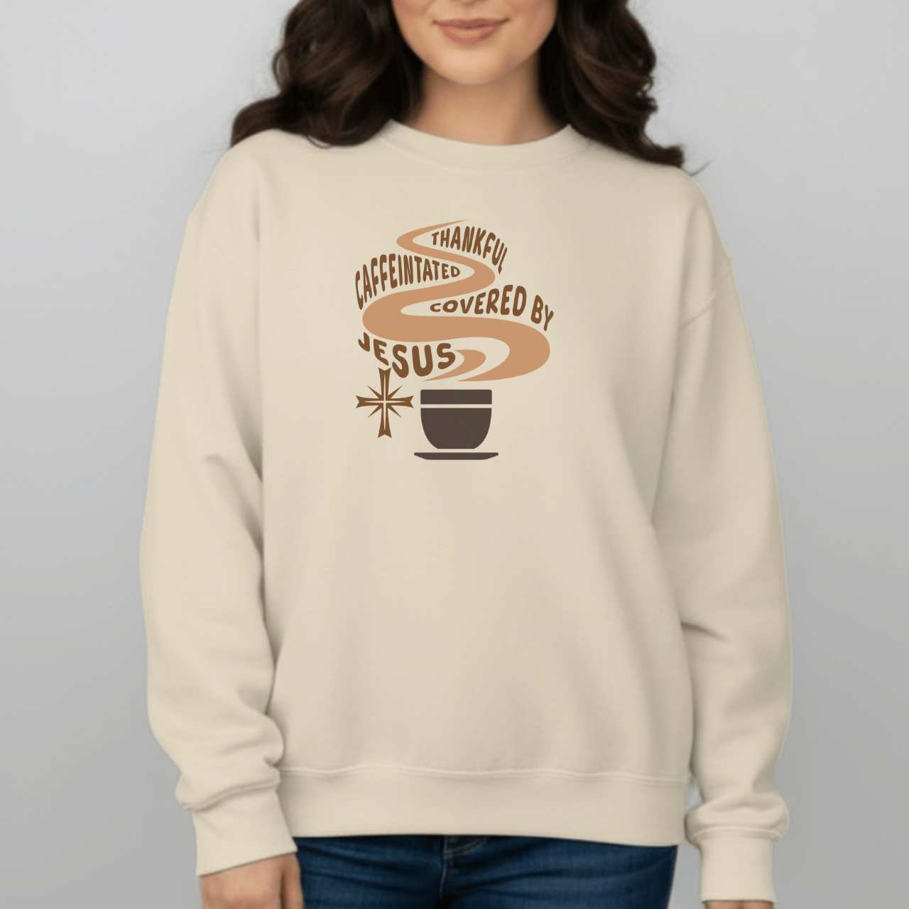 Thankful Caffeinated Covered By Jesus Sweatshirt | Christian Coffee Crewneck | Faith Comfort Sweater | Gildan 18000