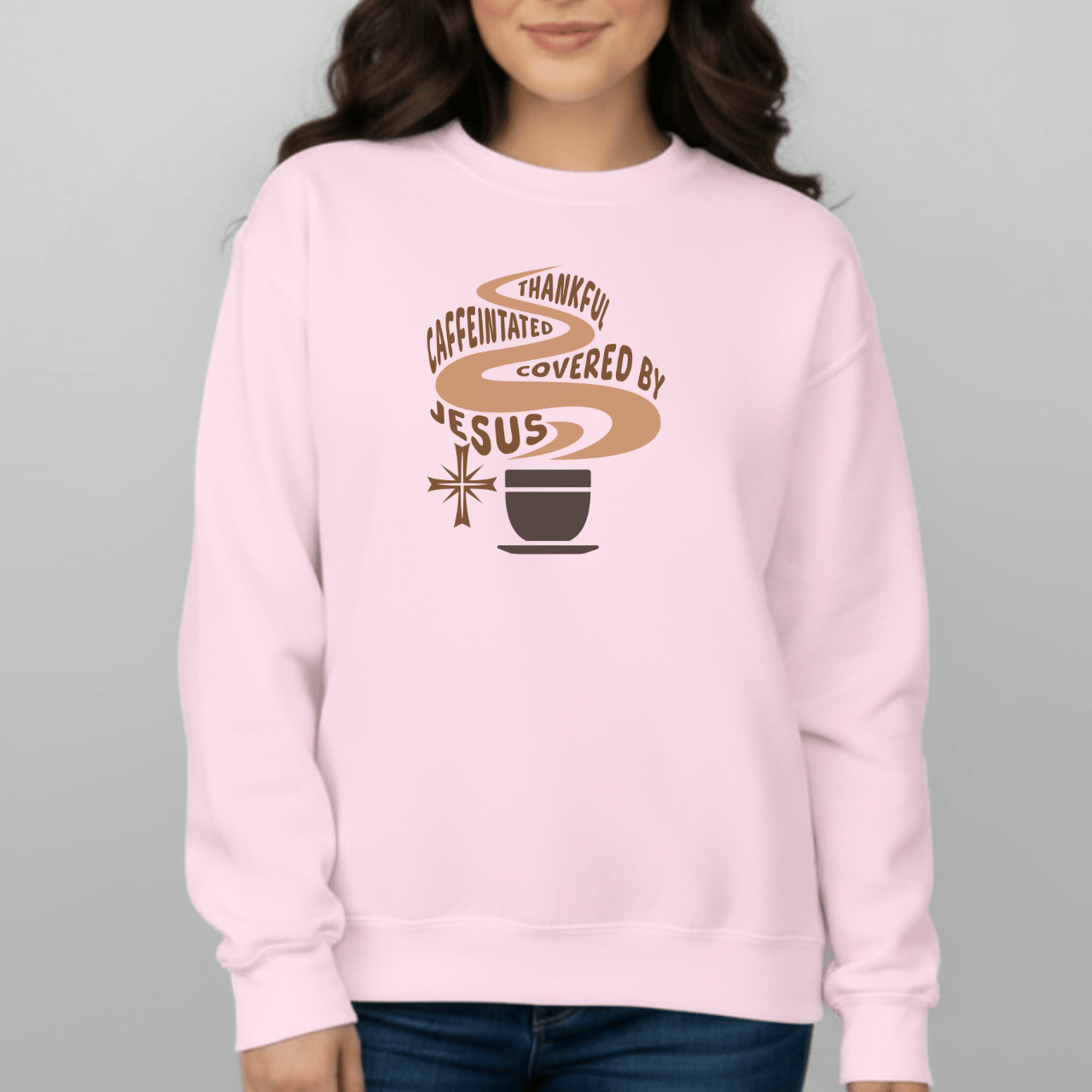 Thankful Caffeinated Covered By Jesus Sweatshirt | Christian Coffee Crewneck | Faith Comfort Sweater | Gildan 18000