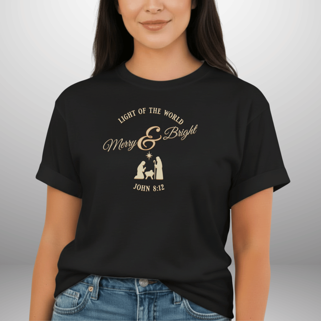 Merry & Bright Light of the World Shirt | John 8:12 Christmas Christian Tee | Comfort Colors 1717 | Nativity Faith Shirt