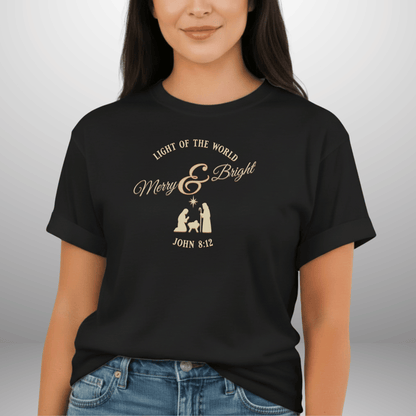 Merry & Bright Light of the World Shirt | John 8:12 Christmas Christian Tee | Comfort Colors 1717 | Nativity Faith Shirt