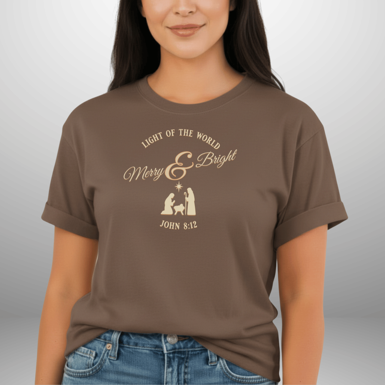 Merry & Bright Light of the World Shirt | John 8:12 Christmas Christian Tee | Comfort Colors 1717 | Nativity Faith Shirt