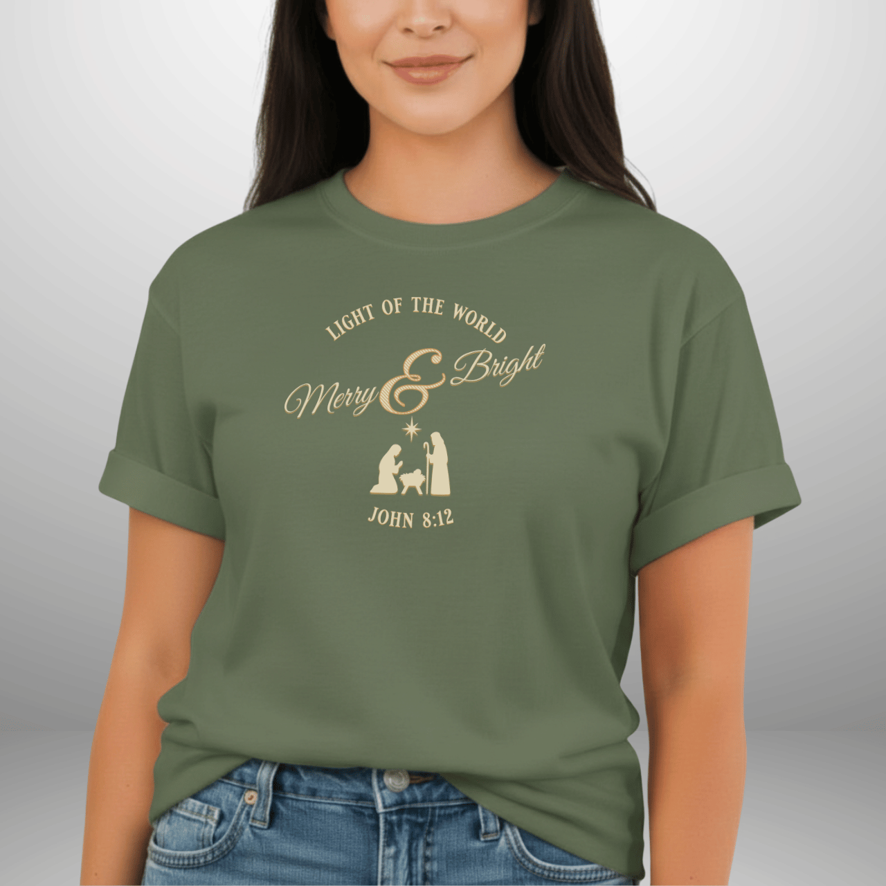 Merry & Bright Light of the World Shirt | John 8:12 Christmas Christian Tee | Comfort Colors 1717 | Nativity Faith Shirt