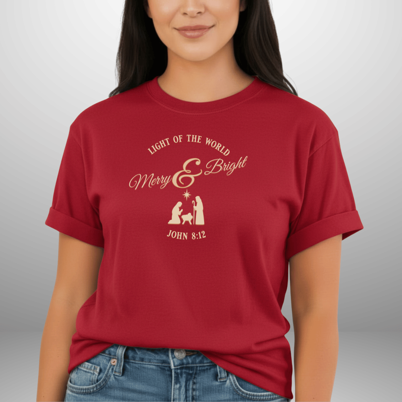 Merry & Bright Light of the World Shirt | John 8:12 Christmas Christian Tee | Comfort Colors 1717 | Nativity Faith Shirt