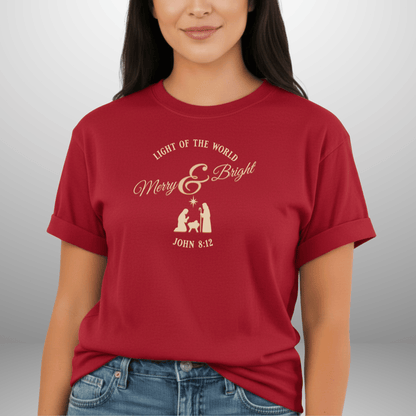 Merry & Bright Light of the World Shirt | John 8:12 Christmas Christian Tee | Comfort Colors 1717 | Nativity Faith Shirt