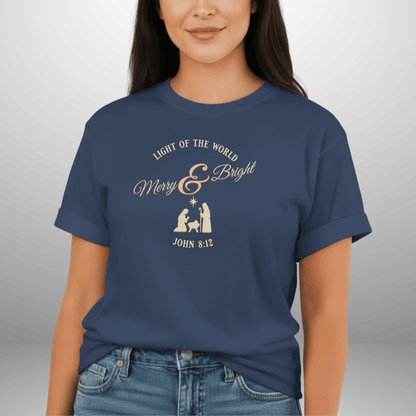 Merry & Bright Light of the World Shirt | John 8:12 Christmas Christian Tee | Comfort Colors 1717 | Nativity Faith Shirt