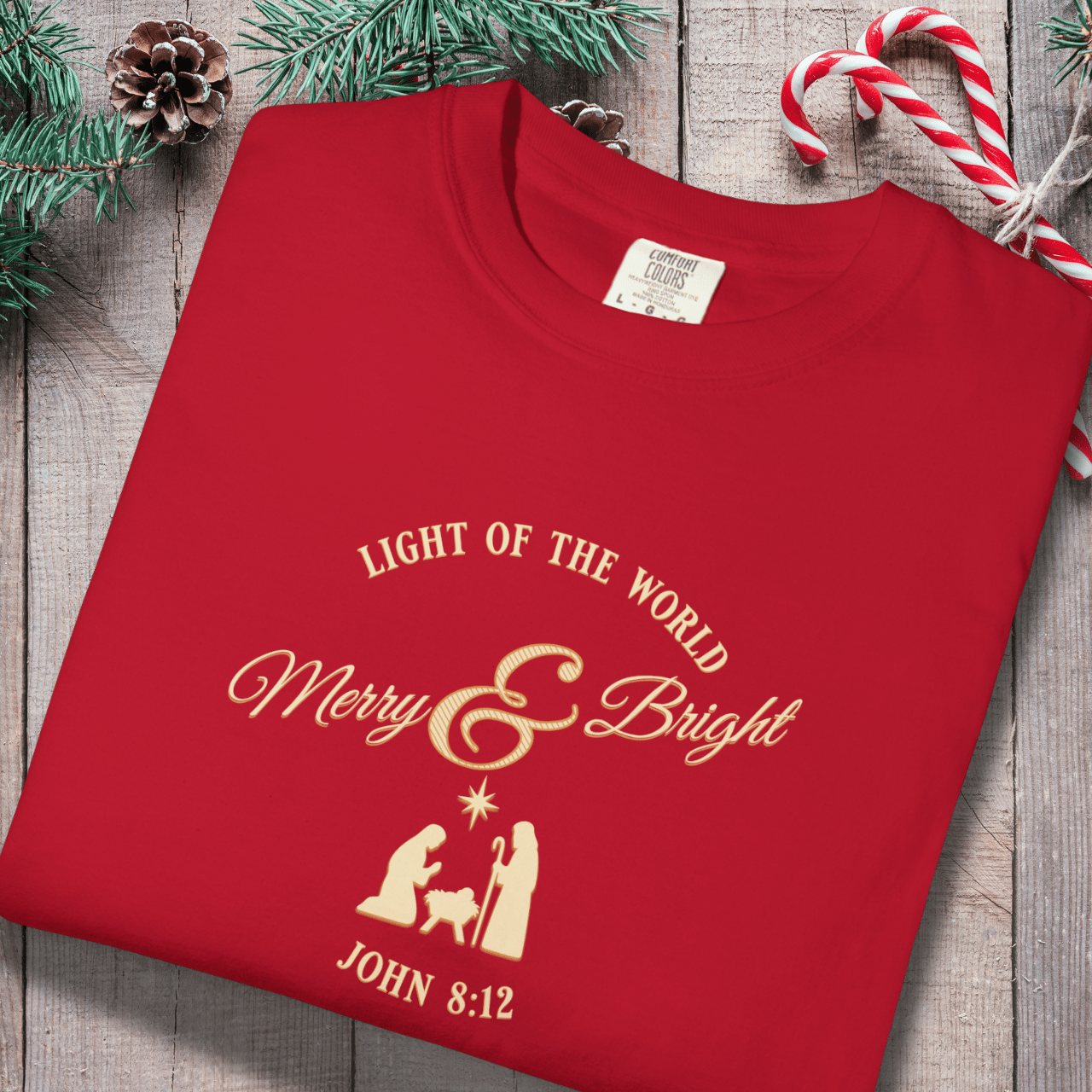 Merry & Bright Light of the World Shirt | John 8:12 Christmas Christian Tee | Comfort Colors 1717 | Nativity Faith Shirt