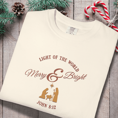 Merry & Bright Light of the World Shirt | John 8:12 Christmas Christian Tee | Comfort Colors 1717 | Nativity Faith Shirt