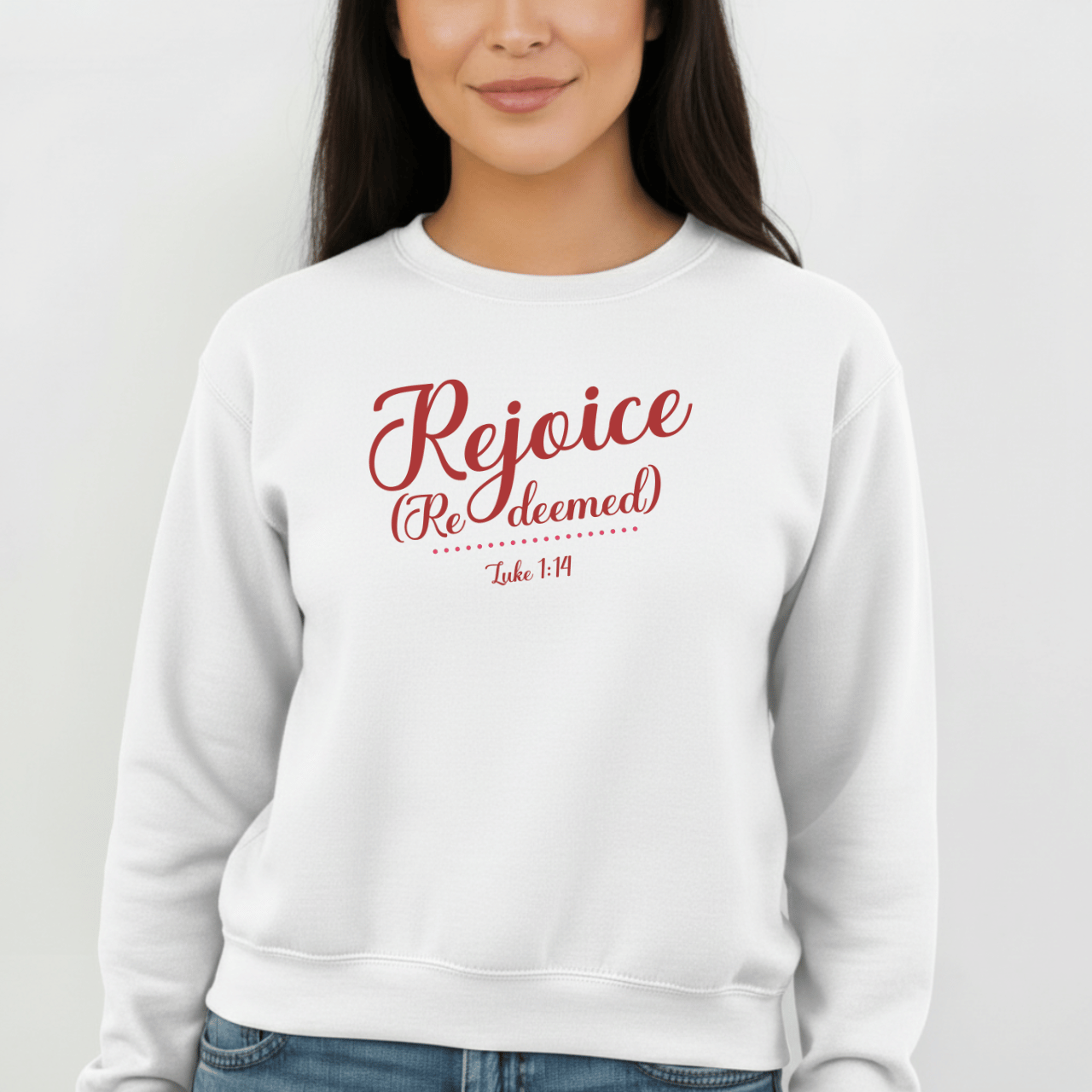 Rejoice Redeemed Sweatshirt | Luke 1:14 Bible Verse Christmas Sweatshirt | Christian Faith Crewneck | Gildan 18000