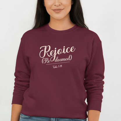 Rejoice Redeemed Sweatshirt | Luke 1:14 Bible Verse Christmas Sweatshirt | Christian Faith Crewneck | Gildan 18000