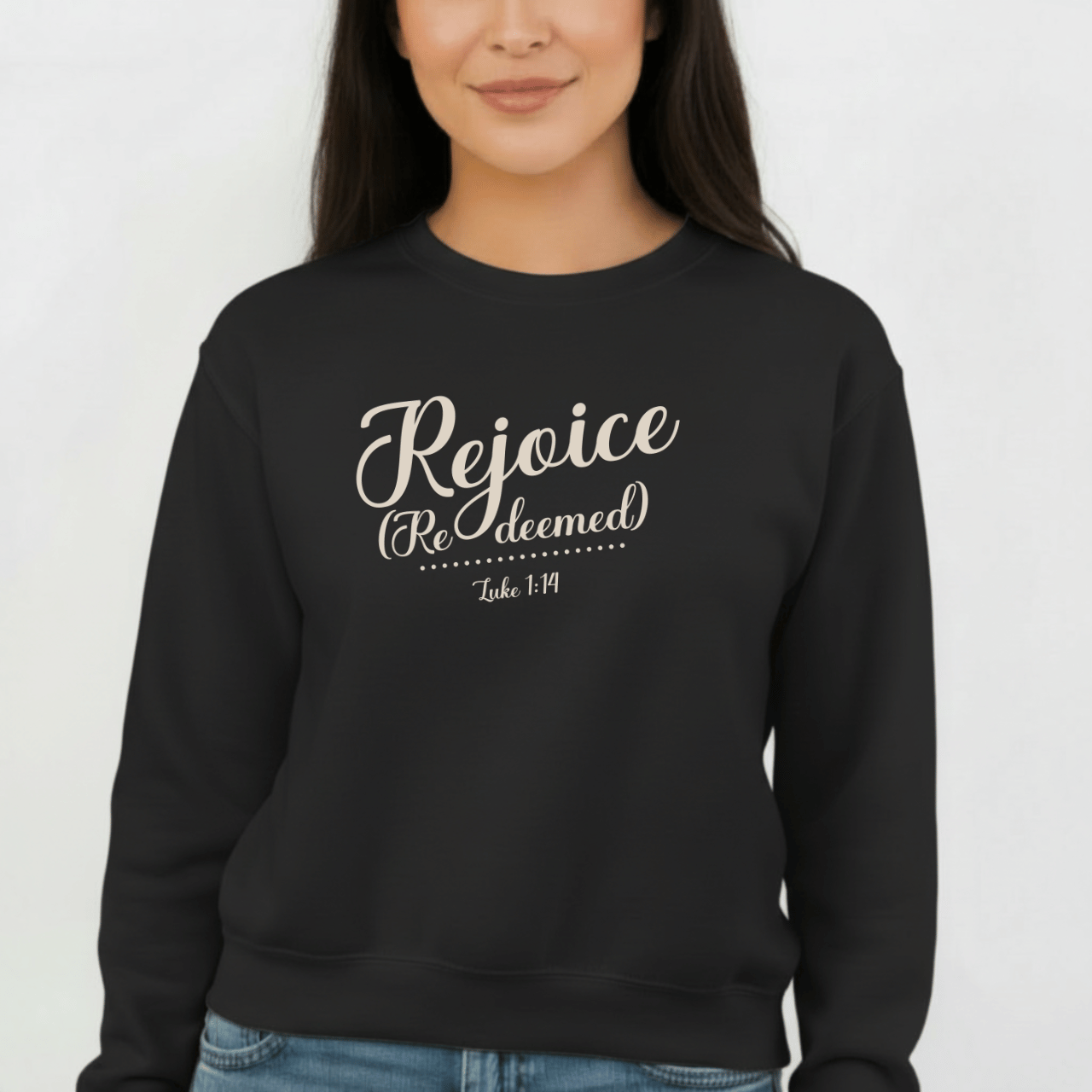 Rejoice Redeemed Sweatshirt | Luke 1:14 Bible Verse Christmas Sweatshirt | Christian Faith Crewneck | Gildan 18000