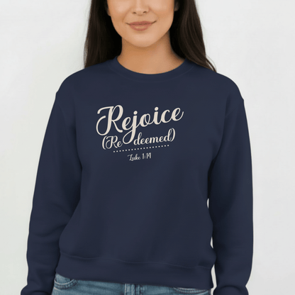 Rejoice Redeemed Sweatshirt | Luke 1:14 Bible Verse Christmas Sweatshirt | Christian Faith Crewneck | Gildan 18000