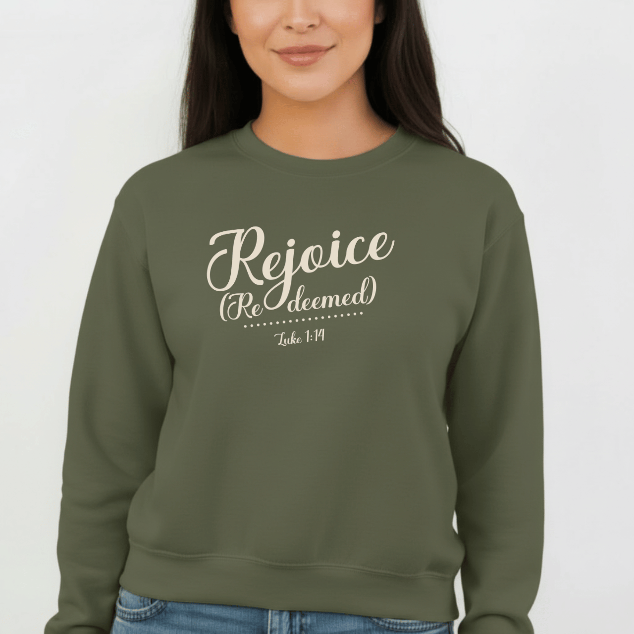 Rejoice Redeemed Sweatshirt | Luke 1:14 Bible Verse Christmas Sweatshirt | Christian Faith Crewneck | Gildan 18000