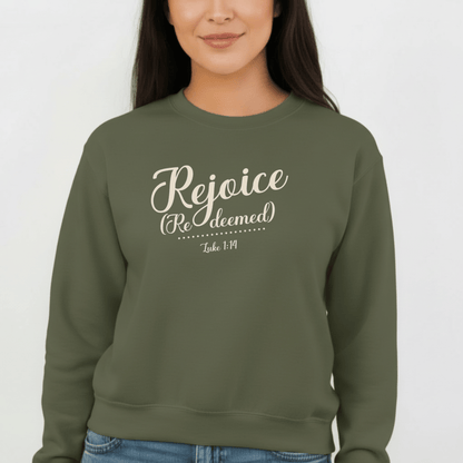 Rejoice Redeemed Sweatshirt | Luke 1:14 Bible Verse Christmas Sweatshirt | Christian Faith Crewneck | Gildan 18000