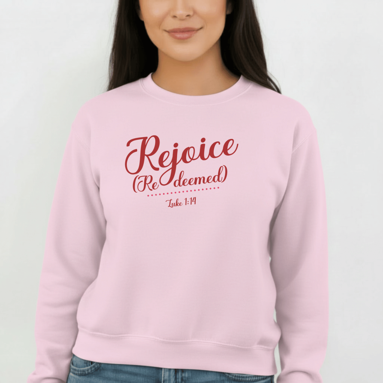 Rejoice Redeemed Sweatshirt | Luke 1:14 Bible Verse Christmas Sweatshirt | Christian Faith Crewneck | Gildan 18000