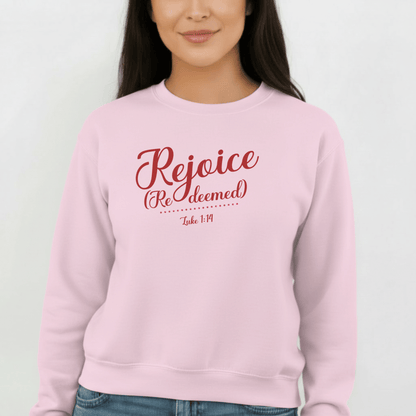 Rejoice Redeemed Sweatshirt | Luke 1:14 Bible Verse Christmas Sweatshirt | Christian Faith Crewneck | Gildan 18000