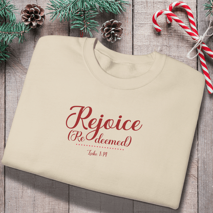 Rejoice Redeemed Sweatshirt | Luke 1:14 Bible Verse Christmas Sweatshirt | Christian Faith Crewneck | Gildan 18000