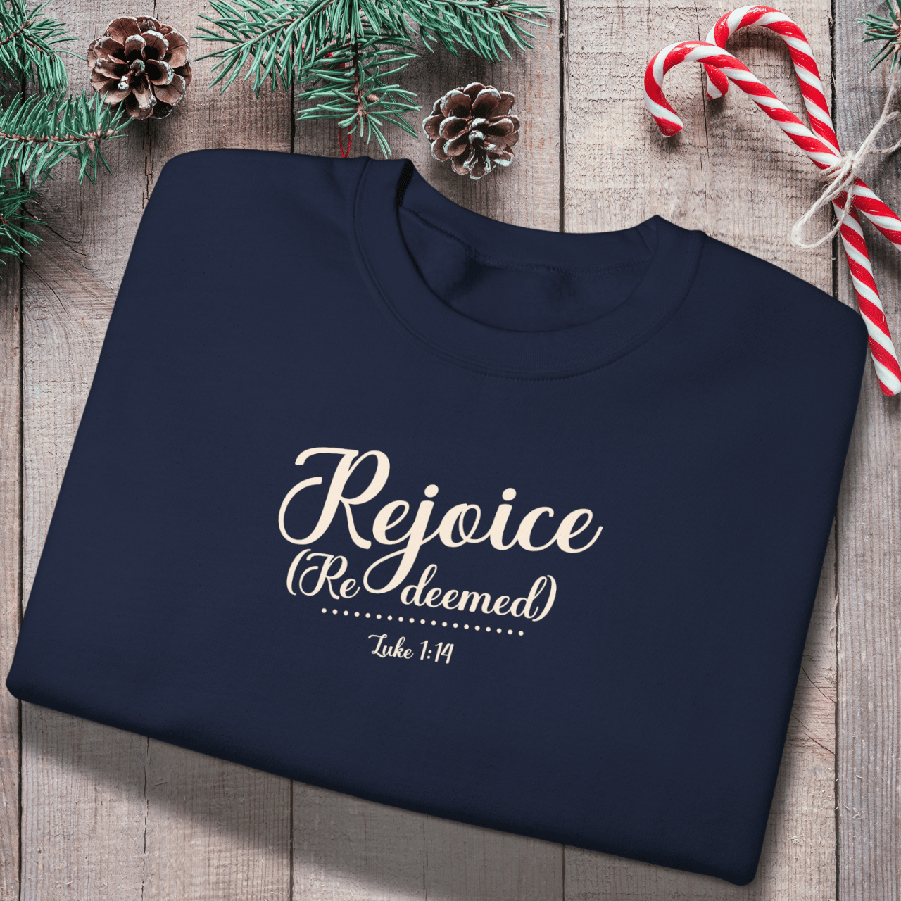 Rejoice Redeemed Sweatshirt | Luke 1:14 Bible Verse Christmas Sweatshirt | Christian Faith Crewneck | Gildan 18000