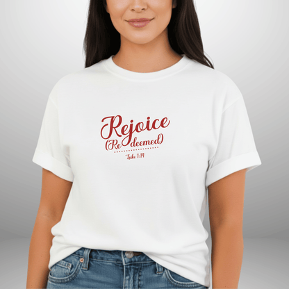 Rejoice Redeemed Shirt | Luke 1:14 Comfort Colors Tee | Christian Christmas Shirt | Faith Scripture Tee | Gospel Apparel