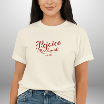 Rejoice Redeemed Shirt | Luke 1:14 Comfort Colors Tee | Christian Christmas Shirt | Faith Scripture Tee | Gospel Apparel