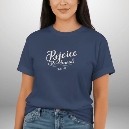 Rejoice Redeemed Shirt | Luke 1:14 Comfort Colors Tee | Christian Christmas Shirt | Faith Scripture Tee | Gospel Apparel