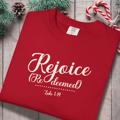 Rejoice Redeemed Shirt | Luke 1:14 Comfort Colors Tee | Christian Christmas Shirt | Faith Scripture Tee | Gospel Apparel