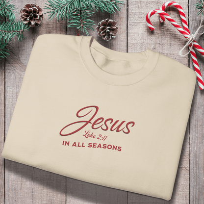 Jesus In All Seasons Sweatshirt • Luke 2:11 Christian Crewneck • Faith-Based Winter & Everyday Comfort Sweater • Gildan 18000