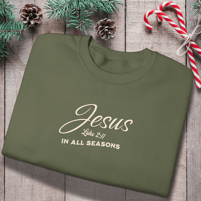 Jesus In All Seasons Sweatshirt • Luke 2:11 Christian Crewneck • Faith-Based Winter & Everyday Comfort Sweater • Gildan 18000