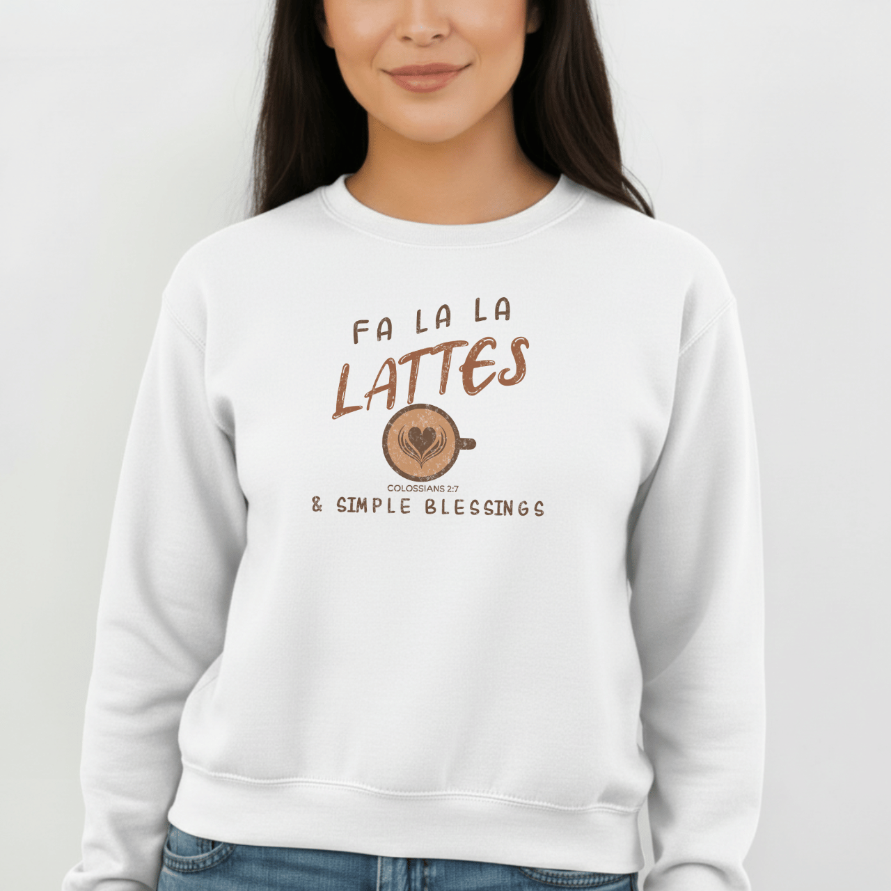 Fa La La Lattes & Simple Blessings Sweatshirt – Colossians 2:7 Christian Coffee Crewneck | Faith Holiday Sweater | Gildan 18000
