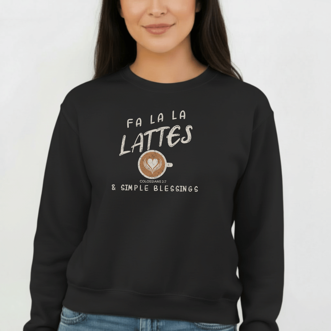 Fa La La Lattes & Simple Blessings Sweatshirt – Colossians 2:7 Christian Coffee Crewneck | Faith Holiday Sweater | Gildan 18000
