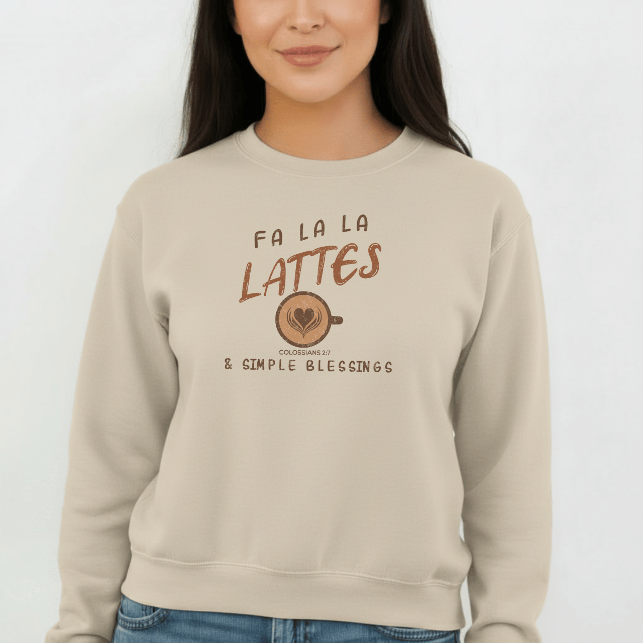 Fa La La Lattes & Simple Blessings Sweatshirt – Colossians 2:7 Christian Coffee Crewneck | Faith Holiday Sweater | Gildan 18000