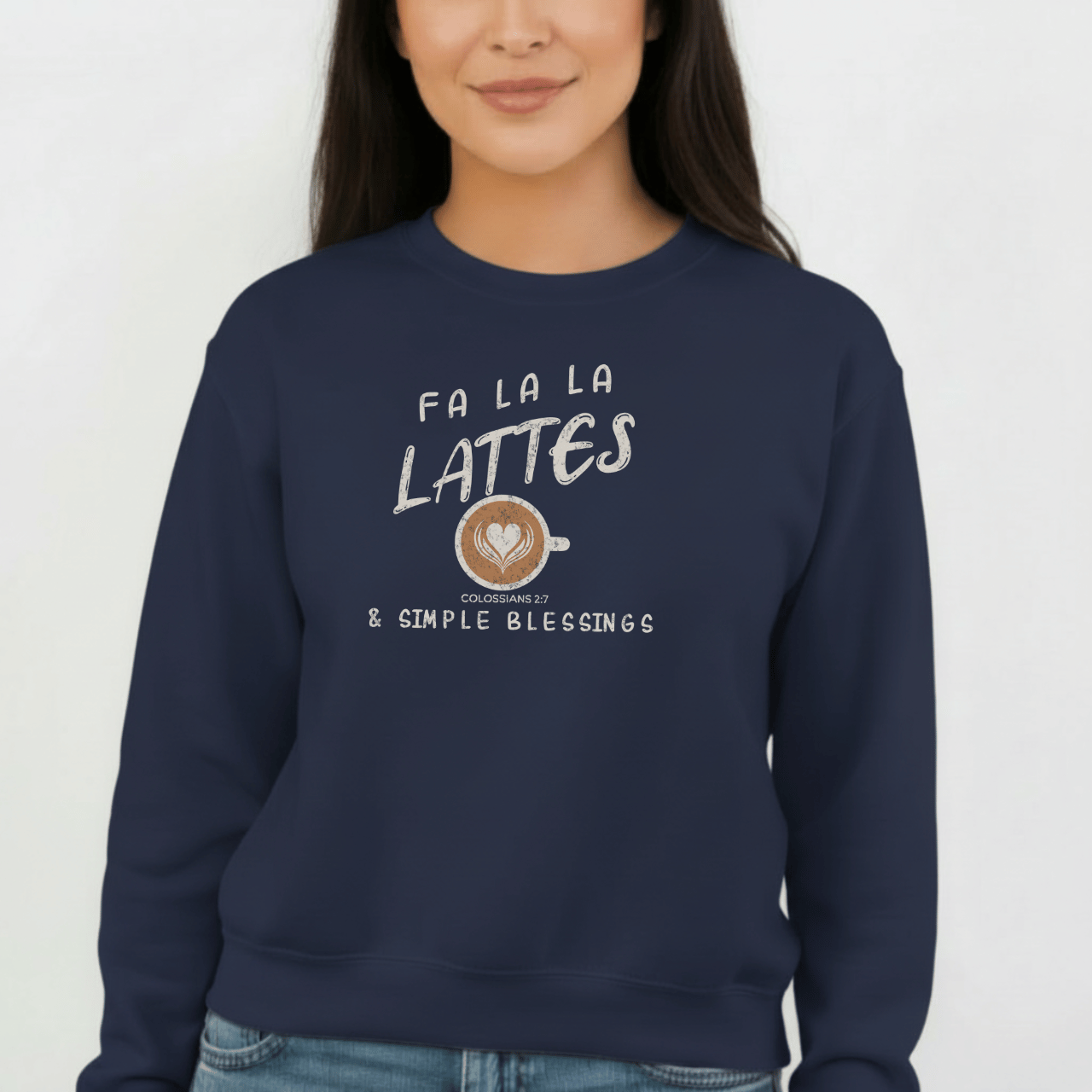 Fa La La Lattes & Simple Blessings Sweatshirt – Colossians 2:7 Christian Coffee Crewneck | Faith Holiday Sweater | Gildan 18000